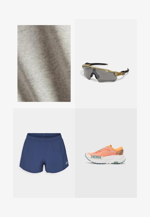 Ljust grått tyg med en mjuk textur, som visar ett subtilt melerat mönster. Materialet verkar stretchigt och lättvikts. Inga synliga hårdvaror eller accenter.; Marinblå träningsshorts med elastisk midja och liten New Balance-logotyp på nedre vänstra sidan.; Oranga och rosa löparsko med mesh-överdel, vit mellansåle, Vibram-yttersula och ljusblå detaljer. Har HOKA-logotyp på sidan.; Sportsolglasögon med en grön mönstrad båge, svarta skalmar och grå linser. Designen har en omfångande stil med en djärv, sportig form.