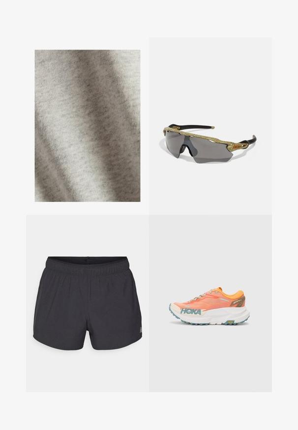 Ljust grått tyg med en mjuk textur, som visar ett subtilt melerat mönster. Materialet verkar stretchigt och lättvikts. Inga synliga hårdvaror eller accenter.; Svarta träningsshorts i andningsbart material med elastisk midja, med en subtil perforerad textur och en liten logotypdetalj.; Oranga och rosa löparsko med mesh-överdel, vit mellansåle, Vibram-yttersula och ljusblå detaljer. Har HOKA-logotyp på sidan.; Sportsolglasögon med en grön mönstrad båge, svarta skalmar och grå linser. Designen har en omfångande stil med en djärv, sportig form.