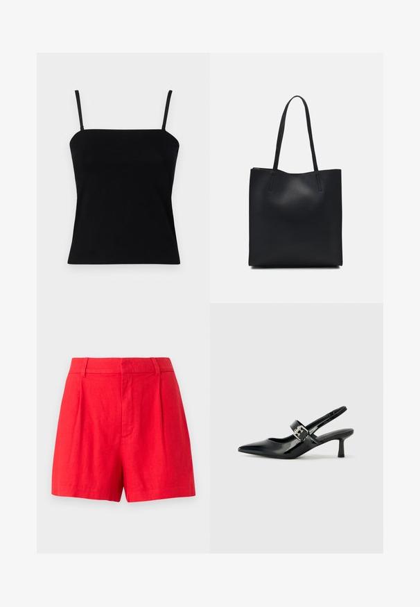GAP COMPACT TUBE - Tops - black; Sarkani lina šorti ar pielāgotu dizainu, kas satur krokas, gludu tekstūru un vidēja augstuma jostasvietu.; Melnas lakotas ādas sūkņa kurpes ar norādītu purngali un mazu bloku papēdi, ar sudraba sprādzi akcentā uz jostas.; Melnas ādas somiņa ar gludu tekstūru, taisnstūra formu un divām garām rokturiem. Nav redzamu aparatūras vai rotājumu.