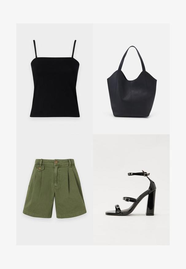 GAP COMPACT TUBE  - Top - black; Khaki šortky vyrobené z bavlny, s plisovaným dizajnom, gombíkom v páse a bočnými vreckami. Hladká textúra a rovný strih nohavíc.; Čierne lakované sandále na podpätku so štvorcovou špičkou, navlečenými remienkami okolo členku a striebornými prackami. Disponujú masívnym blokovým podpätkom pre stabilitu.; Čierna taška s dlhým uchom vyrobená z hladkej kože, s oblým otvoreným vrchom a dvoma ramennými popruhmi, minimalistického dizajnu.