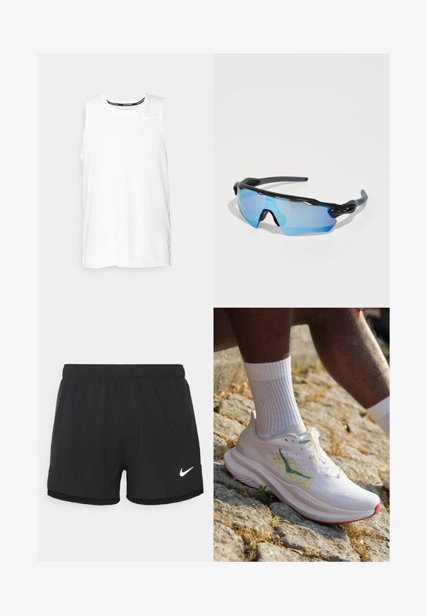Haut de course Nike sans manches de couleur blanche avec un col rond, texture lisse et logo Nike noir sur le haut à gauche de la poitrine.; Shorts de sport noirs en tissu léger. Dotés d'une taille élastique et de détails perforés. Inclus un logo Nike blanc sur le côté.; HOKA MACH 6 - Chaussures de running sur route - white/nimbus cloud; Lunettes de sport avec une monture noire, de grandes lentilles teintées en bleu et un design robuste. Elles offrent une protection enveloppante améliorée.