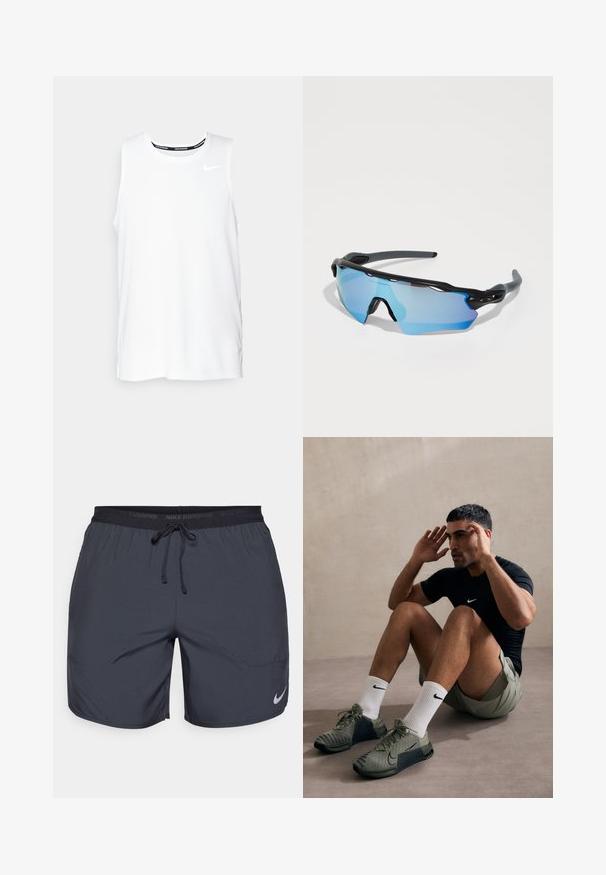 Bela brezrokavnica za tek Nike z okroglim izrezom, gladko teksturo in črnim Nike logotipom na zgornji levi strani prsnega koša.; Nike tekaški kratki hlače v temno sivi barvi, z elastičnim pasom in vrvico za zategovanje ter srebrnim logotipom na spodnjem desnem delu noge.; Lahki atletski čevlji v olivno zeleni barvi z mrežastim zgornjim delom, črnimi dodatki in vidnim vezanjem. Nosijo se z belimi nogavicami in kratkimi hlačami.; Športne sončne očala z črnima okvirjem, velikimi lečami z modrim odtenkom in trdno zasnovo. Ponuja izboljšano ovijanje okoli obraza.