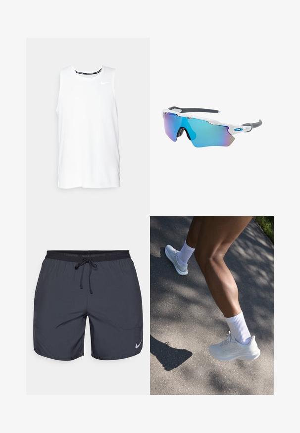 Haut de course Nike sans manches de couleur blanche avec un col rond, texture lisse et logo Nike noir sur le haut à gauche de la poitrine.; Shorts de course Nike en gris foncé, avec une taille élastique dotée d'un cordon de serrage et un accent de logo argenté sur la jambe inférieure droite.; Baskets blanches avec une tige texturée, des lacets et une semelle rembourrée, accompagnées de chaussettes blanches mi-mollet, sur fond de pavé gris.; Lunettes de soleil avec une monture blanche, des accents gris et des verres miroitants bleus. Design sportif, forme enveloppante et plaquettes de nez réglables.