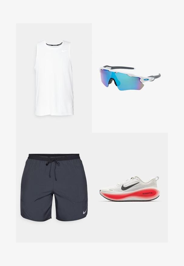 White sleeveless Nike running top with a round neckline, smooth texture, and black Nike logo on the upper left chest.; Nike running shorts in dark gray, featuring an elastic waistband with a drawstring and a silver logo accent on the lower right leg.; Nike running shoes with a white knitted upper, black swoosh, and a thick red and white cushioned sole labeled "ZOOMX." Black traction outsole.; Sunglasses with a white frame, gray accents, and blue mirrored lenses. Sporty design, wraparound shape, and adjustable nose pads.