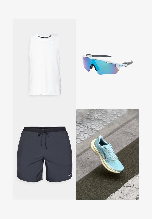 Vitt ärmlöst Nike-löparlinne med rund halsringning, slät yta och svart Nike-logotyp på övre vänstra bröstet.; Nike löpshorts i mörkgrått, med en elastisk midja som har dragsko och en silverlogotyp på nederdelen av högra benet.; Ljusblå löparsko med andningsbar meshövre, dämpad krämfärgad mellansula och orange logodetalj på sidan. Rundad tådesign.; Solglasögon med vit ram, grå detaljer och blå spegelglas. Sportig design, omslutande form och justerbara näskuddar.