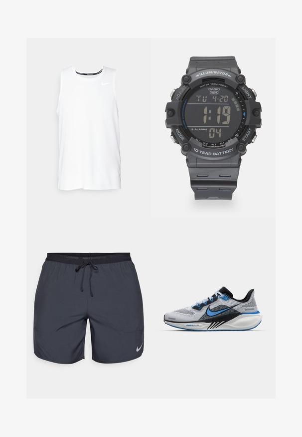 Witte mouwloze Nike hardlooptop met een ronde hals, een gladde textuur en een zwart Nike-logo op de bovenste linkerborst.; Nike hardloopshorts in donkergrijs, met een elastische tailleband en een trekkoord, en een zilveren logo-accent op de onderkant van het rechterbeen.; Nike hardloopschoen met een ademende grijze mesh bovenkant, blauwe accenten, een gevoerde kraag, een zwarte tussenzool en een gestructureerde witte buitenzool.; Digitale Casio-horloge met een grijze kunststof band, LCD-display, waterbestendigheid tot 100 meter, en functies voor alarmen en achtergrondverlichting.