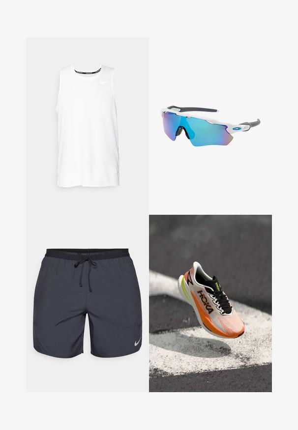 Weißes ärmelloses Nike-Lauftop mit Rundhalsausschnitt, glatter Textur und schwarzem Nike-Logo auf der oberen linken Brust.; Dunkelgraue Nike Laufshorts mit einem elastischen Bund und einem Zugband sowie einem silbernen Logo-Akzent am unteren rechten Bein.; Weiße und orange Hoka-Laufschuhe mit schwarzen Schnürsenkeln und Sohle, die über einer Asphaltoberfläche mit weißen Straßenmarkierungen schwebt.; Sonnenbrille mit einem weißen Rahmen, grauen Akzenten und blauen Spiegellinsen. Sportliches Design, umschließende Form und verstellbare Nasenpads.