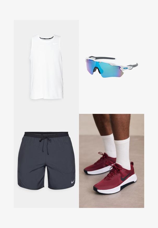Witte mouwloze Nike hardlooptop met een ronde hals, een gladde textuur en een zwart Nike-logo op de bovenste linkerborst.; Nike hardloopshorts in donkergrijs, met een elastische tailleband en een trekkoord, en een zilveren logo-accent op de onderkant van het rechterbeen.; Rode gestructureerde sneakers met een zwarte Nike swoosh, witte zool en zwarte accenten, gecombineerd met witte geribde sokken.; Zonnebril met een wit frame, grijze accenten en blauwe spiegelglazen. Sportief ontwerp, omhulde vorm en verstelbare neuspads.