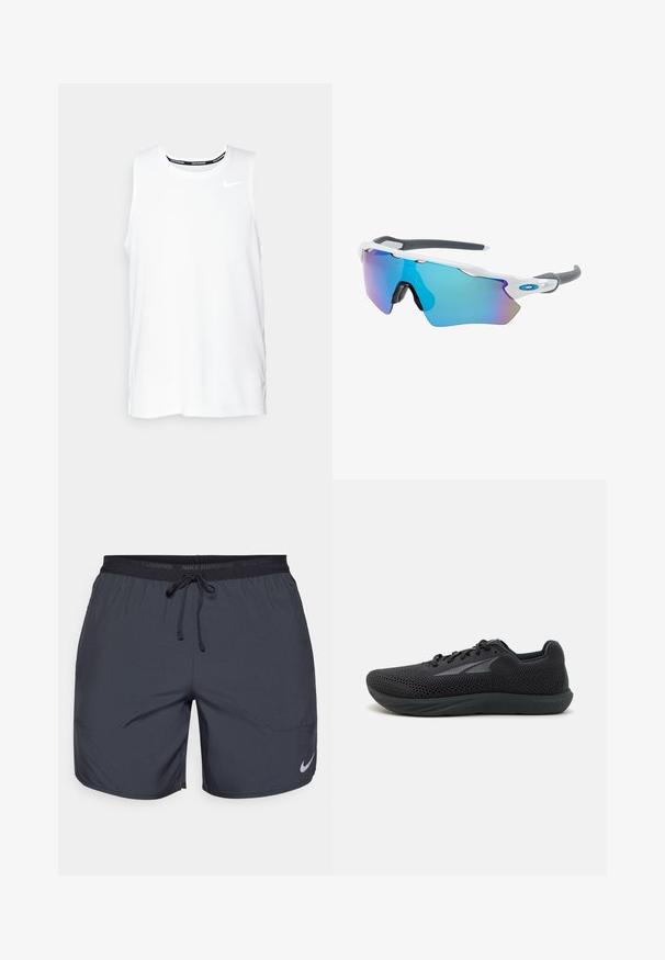 Haut de course Nike sans manches de couleur blanche avec un col rond, texture lisse et logo Nike noir sur le haut à gauche de la poitrine.; Shorts de course Nike en gris foncé, avec une taille élastique dotée d'un cordon de serrage et un accent de logo argenté sur la jambe inférieure droite.; Chaussures de sport noires avec une tige en mesh, semelle en caoutchouc, bout arrondi et design élégant. Équipées de lacets et d'un détail de logo subtile sur le côté.; Lunettes de soleil avec une monture blanche, des accents gris et des verres miroitants bleus. Design sportif, forme enveloppante et plaquettes de nez réglables.