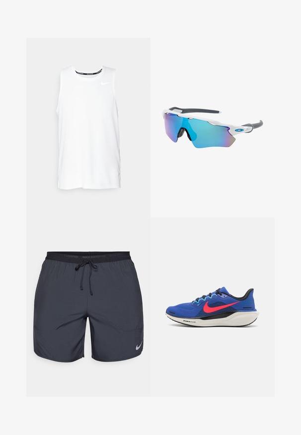 Fehér ujjatlan Nike futó felső kerek nyakkivágással, sima textúrával és fekete Nike logóval a bal felső mellkason.; Sötétszürke Nike futóshorts, elasztikus derékkal és húzózsinórral, az alsó jobb lábszáron ezüst színű logóval.; Nike Performance AIR ZOOM PEGASUS 41 - Utcai futócipők - astronomy blue/hot punch/black/baltic blue/pale ivory; Fehér keretű napszemüveg, szürke díszítéssel és kék tükörlencsékkel. Sportos dizájn, körbeölelő forma és állítható orrtámasz.