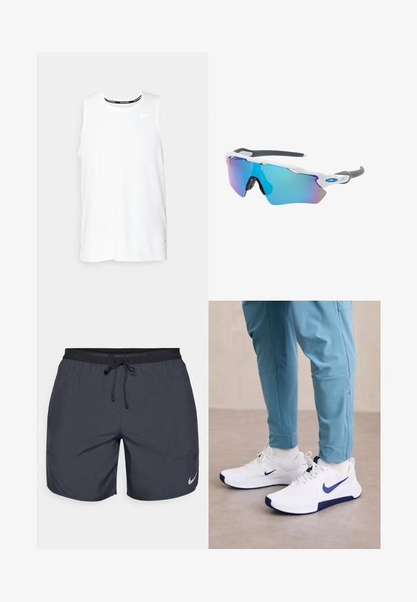 Hvid ærmeløs Nike løbeoverdel med rund halsudskæring, glat tekstur og sort Nike-logo på den øverste venstre bryst.; Nike løbeshorts i mørkegrå, med elastisk talje og snor samt en sølvlogoaccent på den nederste højre ben.; Hvide sportsko med et blåt Nike-swoosh, struktureret overdel og blå accenter på sålen er kombineret med lyseblå træningsbukser.; Solsikker med hvid ramme, grå accenter og blå spejllinser. Sporty design, omviklet form og justerbare næsepuder.