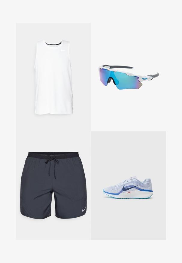 Haut de course Nike sans manches de couleur blanche avec un col rond, texture lisse et logo Nike noir sur le haut à gauche de la poitrine.; Shorts de course Nike en gris foncé, avec une taille élastique dotée d'un cordon de serrage et un accent de logo argenté sur la jambe inférieure droite.; Baskets de sport bleu clair avec dessus en mesh, logo swoosh bleu foncé, semelle blanche rembourrée et accents texturés dans des nuances de bleu variées.; Lunettes de soleil avec une monture blanche, des accents gris et des verres miroitants bleus. Design sportif, forme enveloppante et plaquettes de nez réglables.