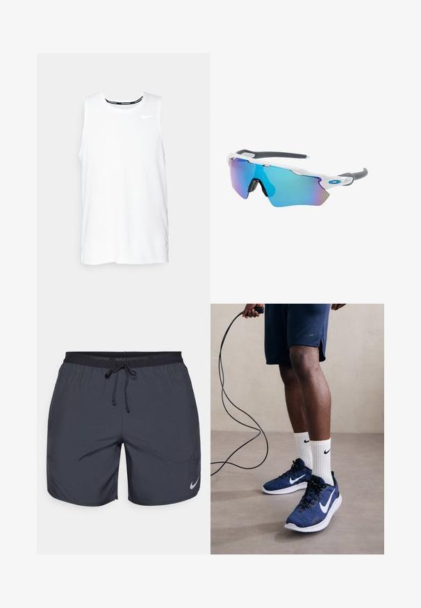 White sleeveless Nike running top with a round neckline, smooth texture, and black Nike logo on the upper left chest.; Nike running shorts in dark gray, featuring an elastic waistband with a drawstring and a silver logo accent on the lower right leg.; Nike Performance FLEX EXPERIENCE RUN 12 - Road running shoes - astronomy blue/white/black/hyper crimson; Sunglasses with a white frame, gray accents, and blue mirrored lenses. Sporty design, wraparound shape, and adjustable nose pads.