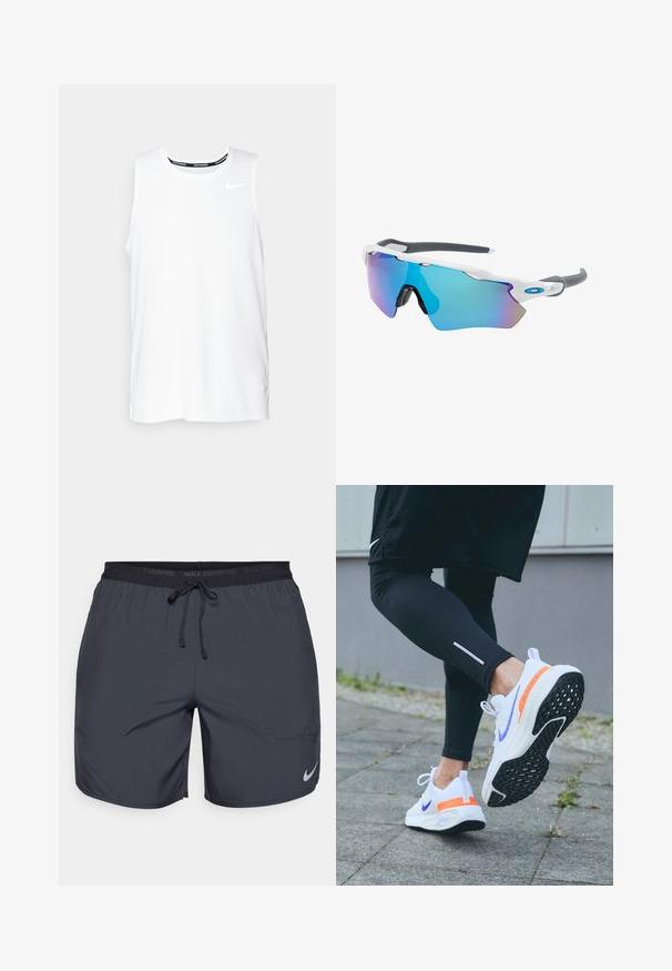 Top da corsa Nike senza maniche di colore bianco, con scollo rotondo, texture liscia e logo Nike nero sulla parte superiore sinistra del petto.; Shorts da corsa Nike di colore grigio scuro, con cintura elastica e cordino, e un accento di logo argento sulla parte inferiore della gamba destra.; Scarpe da corsa Nike con tomaia in mesh bianco e dettagli viola, suola nera testurizzata e supporto per il tallone di un vivace arancione.; Occhiali da sole con montatura bianca, dettagli grigi e lenti a specchio blu. Design sportivo, forma avvolgente e naselli regolabili.