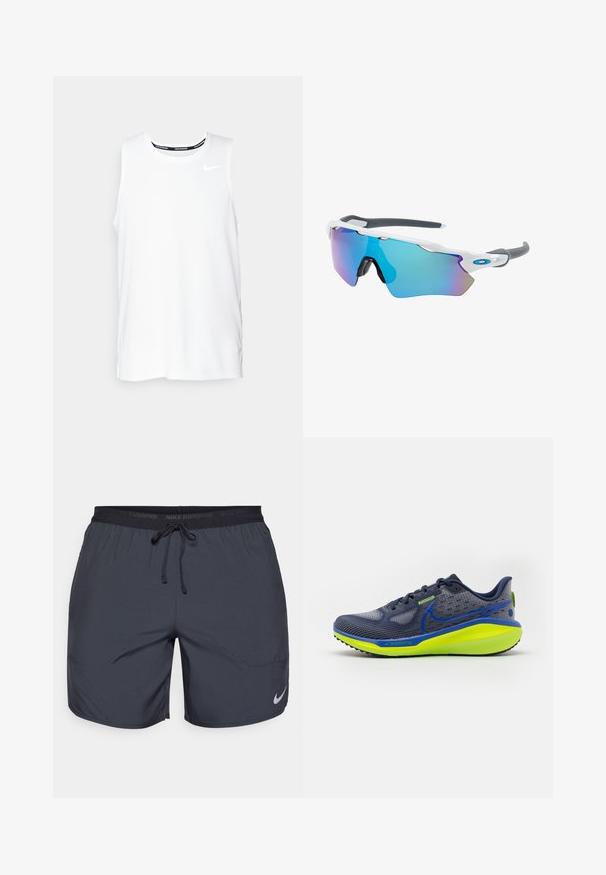 Witte mouwloze Nike hardlooptop met een ronde hals, een gladde textuur en een zwart Nike-logo op de bovenste linkerborst.; Nike hardloopshorts in donkergrijs, met een elastische tailleband en een trekkoord, en een zilveren logo-accent op de onderkant van het rechterbeen.; Blauwe hardloopschoen met een bovenwerk van mesh, groene accenten en een dikke gele zool. Beschikt over een gestructureerd patroon en vetersysteem voor ondersteuning.; Zonnebril met een wit frame, grijze accenten en blauwe spiegelglazen. Sportief ontwerp, omhulde vorm en verstelbare neuspads.