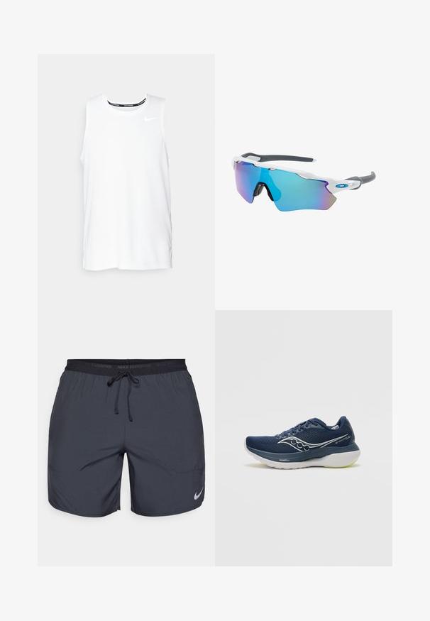 Top de alergare Nike fără mâneci, de culoare albă, cu guler rotund, textură fină și logo-ul Nike de culoare neagră pe partea stângă a pieptului.; Pantaloni scurți de alergare Nike de culoare gri închis, cu un brâu elastic și șnur și un accent cu logo argintiu pe partea inferioară a piciorului drept.; Adidaș de alergare de culoare bleumarin, cu un material superior din plasă, accente albe și o talpă groasă cu detalii verzi. Designul include un logo pe lateral și șireturi.; Ochelari de soare cu cadru alb, accente gri și lentile curbate albastre. Design sportiv, formă envolvitoare și pernițe de nas ajustabile.