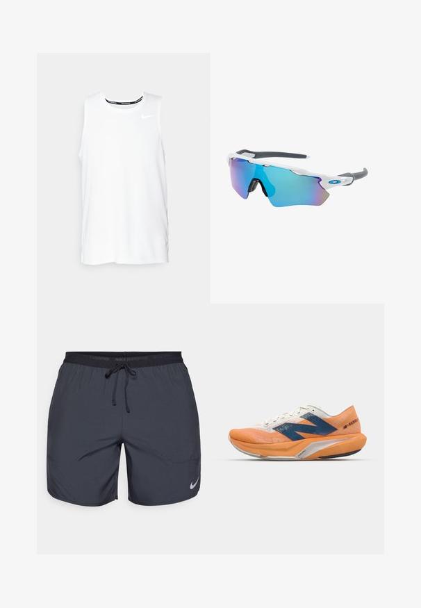 White sleeveless Nike running top with a round neckline, smooth texture, and black Nike logo on the upper left chest.; Nike running shorts in dark gray, featuring an elastic waistband with a drawstring and a silver logo accent on the lower right leg.; Running shoe in orange and white with blue accents, featuring a mesh upper, cushioned sole, and a streamlined design for performance.; Sunglasses with a white frame, gray accents, and blue mirrored lenses. Sporty design, wraparound shape, and adjustable nose pads.