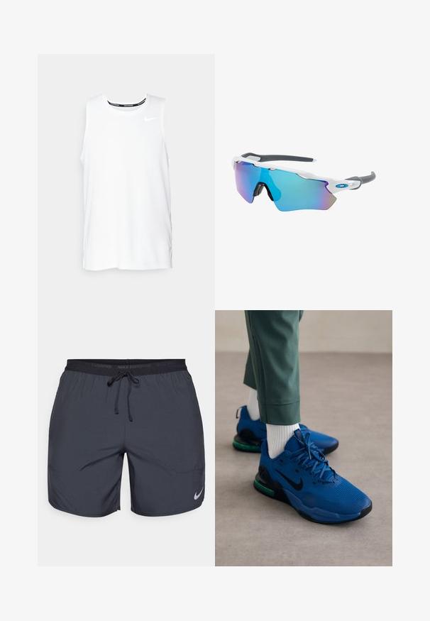 White sleeveless Nike running top with a round neckline, smooth texture, and black Nike logo on the upper left chest.; Nike running shorts in dark gray, featuring an elastic waistband with a drawstring and a silver logo accent on the lower right leg.; Nike Performance AIR MAX ALPHA TRAINER 5 - Training shoe - court blue/black/green strike; Sunglasses with a white frame, gray accents, and blue mirrored lenses. Sporty design, wraparound shape, and adjustable nose pads.