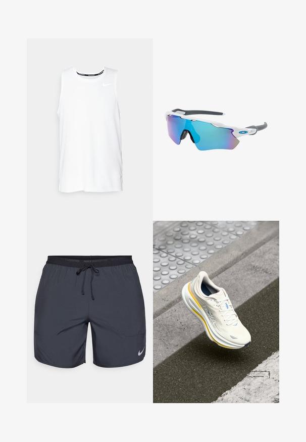 Top da corsa Nike senza maniche di colore bianco, con scollo rotondo, texture liscia e logo Nike nero sulla parte superiore sinistra del petto.; Shorts da corsa Nike di colore grigio scuro, con cintura elastica e cordino, e un accento di logo argento sulla parte inferiore della gamba destra.; Sneaker HOKA bianco e giallo sospeso sopra un marciapiede testurizzato e un cordolo stradale vicino a un attraversamento pedonale.; Occhiali da sole con montatura bianca, dettagli grigi e lenti a specchio blu. Design sportivo, forma avvolgente e naselli regolabili.