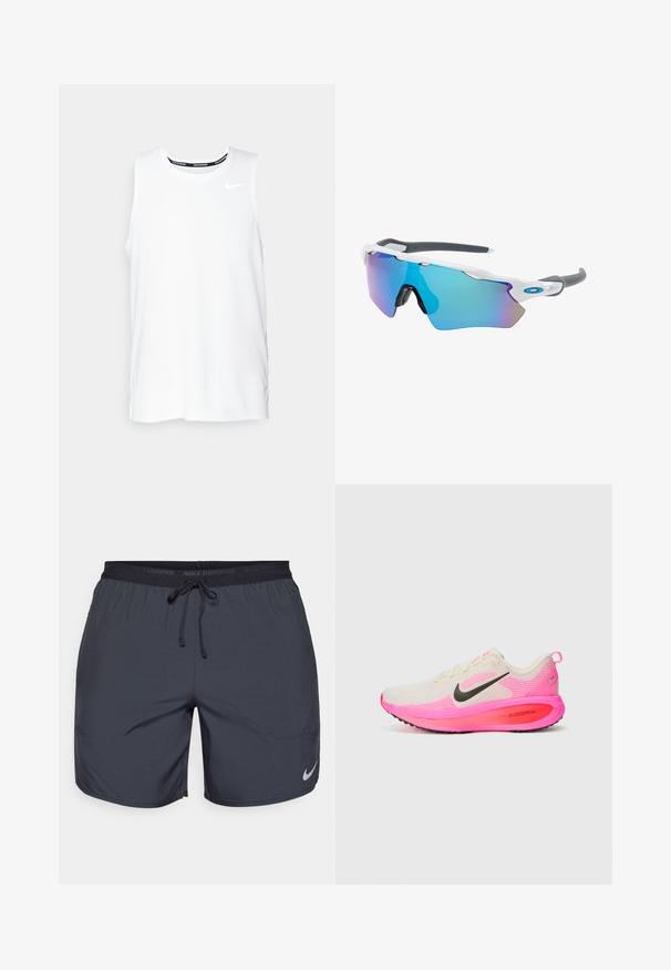 Camiseta sin mangas blanca de Nike para correr, con cuello redondo, textura suave y logo negro de Nike en la parte superior izquierda del pecho.; Pantalones cortos de running de Nike en gris oscuro, con una cintura elástica y un cordón de ajuste, además de un acento del logo plateado en la parte inferior de la pierna derecha.; Zapatillas de running con parte superior de crema, Swoosh negro, detalles en rosa y suela exterior rosa brillante con la marca "zoomx". Material de malla ligero.; Gafas de sol con montura blanca, detalles grises y lentes espejados azules. Diseño deportivo, forma envolvente y almohadillas para la nariz ajustables.