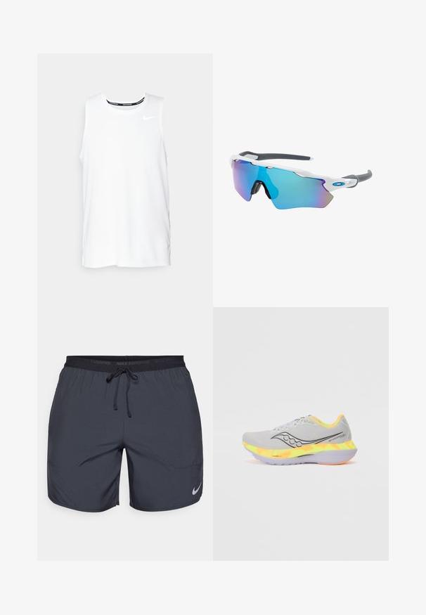T-shirt de corrida sem mangas da Nike, de cor branca, com gola redonda, textura suave e logotipo preto da Nike na parte superior esquerda do peito.; Calções de corrida Nike em cinza escuro, com uma cintura elástica e cordão de ajuste, além de um logo prateado na parte inferior da perna direita.; Futebol de corrida cinza claro com parte superior em malha, logótipo preto e entressola com gradiente colorido em amarelo e laranja. Solado em borracha para tração.; Óculos de sol com uma armação branca, detalhes cinzas e lentes espelhadas azuis. Design desportivo, forma envolvente e almofadas do nariz ajustáveis.