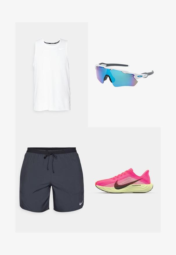 Haut de course Nike sans manches de couleur blanche avec un col rond, texture lisse et logo Nike noir sur le haut à gauche de la poitrine.; Shorts de course Nike en gris foncé, avec une taille élastique dotée d'un cordon de serrage et un accent de logo argenté sur la jambe inférieure droite.; Baskets de sport rose vif avec une tige en maille texturée, un swoosh noir de Nike, une semelle intermédiaire jaune et un capuchon de orteil rouge. Conçues pour la course.; Lunettes de soleil avec une monture blanche, des accents gris et des verres miroitants bleus. Design sportif, forme enveloppante et plaquettes de nez réglables.