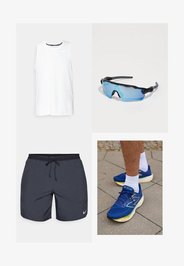 Camiseta sin mangas blanca de Nike para correr, con cuello redondo, textura suave y logo negro de Nike en la parte superior izquierda del pecho.; Pantalones cortos de running de Nike en gris oscuro, con una cintura elástica y un cordón de ajuste, además de un acento del logo plateado en la parte inferior de la pierna derecha.; Zapatillas deportivas azules con parte superior de malla, cuentan con acentos reflectantes, cordones blancos y una suela acolchada en varios colores. Se llevan con calcetines blancos.; Gafas de sol deportivas con un marco negro, grandes lentes tintados de azul y un diseño robusto. Cuentan con una cobertura envolvente mejorada.