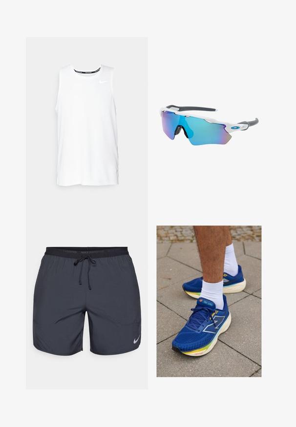 Haut de course Nike sans manches de couleur blanche avec un col rond, texture lisse et logo Nike noir sur le haut à gauche de la poitrine.; Shorts de course Nike en gris foncé, avec une taille élastique dotée d'un cordon de serrage et un accent de logo argenté sur la jambe inférieure droite.; Chaussures de sport bleues avec tige en mesh, présentant des accents réfléchissants, des lacets blancs et une semelle rembourrée de plusieurs couleurs. Portées avec des chaussettes blanches.; Lunettes de soleil avec une monture blanche, des accents gris et des verres miroitants bleus. Design sportif, forme enveloppante et plaquettes de nez réglables.