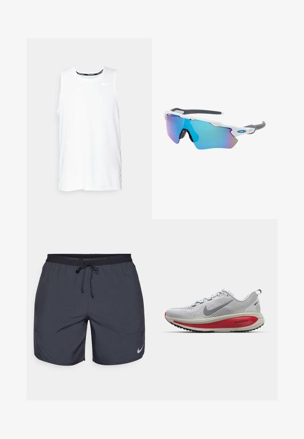 Valge ilma varrukateta Nike jooksmise topp ümmarguse kaelusega, siledast materjalist, ning must Nike logo vasakul rinnal.; Nike jooksulühikesed tumedashallid, elastse vöökoha ja paelaga, ning hõbedane logoaktsent paremas allnurgas.; Nike jooksutossud heledas hallis võrkmaterjalis punaste aktsentidega, ümarate varvastega, paksu pehmendusega tallaga ja tekstuurse mustriga haardeks.; Valged raamidega päikeseprillid, hallide aktsentidega ja siniste peegelprillidega. Sportlik disain, ümber keha kujundus ja reguleeritavad ninasillad.