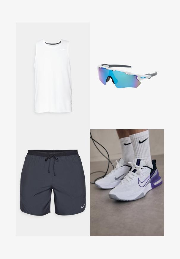 Haut de course Nike sans manches de couleur blanche avec un col rond, texture lisse et logo Nike noir sur le haut à gauche de la poitrine.; Shorts de course Nike en gris foncé, avec une taille élastique dotée d'un cordon de serrage et un accent de logo argenté sur la jambe inférieure droite.; Baskets de sport blanches avec dessus en mesh, accents violets et semelle grise. Portées avec des chaussettes blanches côtelées avec un logo noir. Un cordon est à proximité.; Lunettes de soleil avec une monture blanche, des accents gris et des verres miroitants bleus. Design sportif, forme enveloppante et plaquettes de nez réglables.