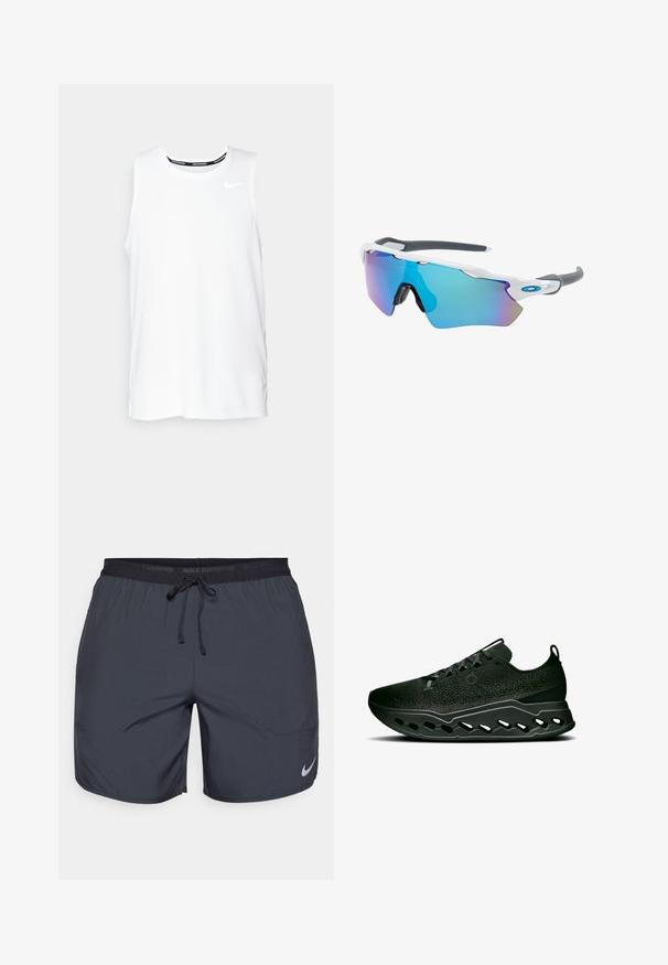 White sleeveless Nike running top with a round neckline, smooth texture, and black Nike logo on the upper left chest.; Nike running shorts in dark gray, featuring an elastic waistband with a drawstring and a silver logo accent on the lower right leg.; On CLOUDSURFER MAX - Road running shoes - black eclipse; Sunglasses with a white frame, gray accents, and blue mirrored lenses. Sporty design, wraparound shape, and adjustable nose pads.