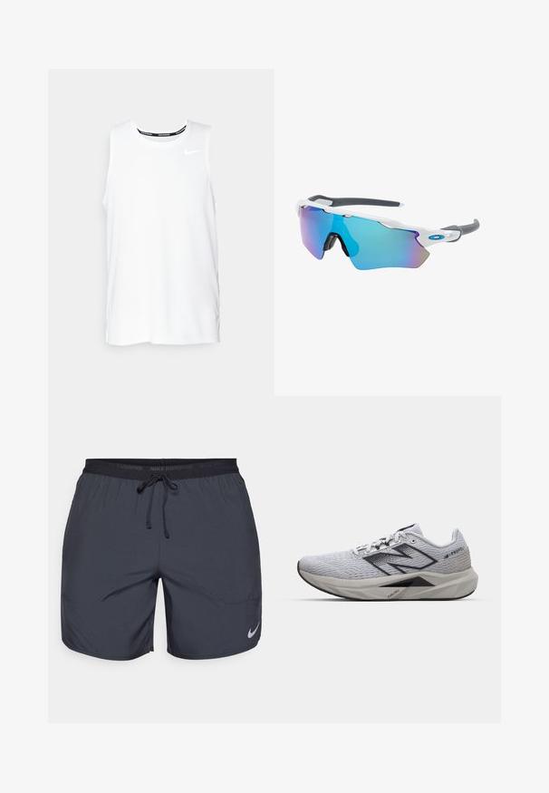 Haut de course Nike sans manches de couleur blanche avec un col rond, texture lisse et logo Nike noir sur le haut à gauche de la poitrine.; Shorts de course Nike en gris foncé, avec une taille élastique dotée d'un cordon de serrage et un accent de logo argenté sur la jambe inférieure droite.; Baskets de course gris clair avec une tige texturée, accents noirs, lacets plats et une semelle rembourrée arborant le logo "FUELCELL". Vue de côté.; Lunettes de soleil avec une monture blanche, des accents gris et des verres miroitants bleus. Design sportif, forme enveloppante et plaquettes de nez réglables.