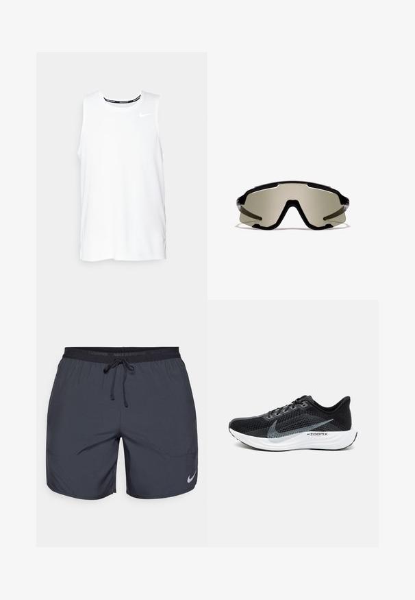 Haut de course Nike sans manches de couleur blanche avec un col rond, texture lisse et logo Nike noir sur le haut à gauche de la poitrine.; Shorts de course Nike en gris foncé, avec une taille élastique dotée d'un cordon de serrage et un accent de logo argenté sur la jambe inférieure droite.; Chaussure de sport noire avec une tige en mesh respirant, des accents gris, une semelle blanche rembourrée et un design élégant et épuré.; Lunettes de soleil sportives noires avec de grandes lentilles enveloppantes teintées en vert, présentant un design angulaire et des accents latéraux transparents. Marque visible sur le dessus.