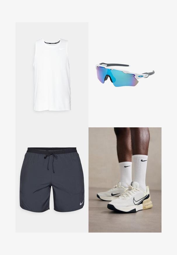 Valkoinen ilmanhiha Nike-juoksupaita, jossa on pyöreä kaula-aukko, sileä pinta ja musta Nike-logo vasemmassa ylä rinnassa.; Juoksushortsit tummanharmaana, joissa on elastinen vyötärö ja nyöri sekä hopeinen logo vasemmassa alalaidassa.; Valkoiset verkkokudokset kengät mustilla yksityiskohdilla ja keltaisella välikerroksella. Urheilulliset valkoiset Nike-sukat, joissa on urituksia. Rakeinen ulkopohja paremman pidon aikaansaamiseksi.; Aurinkolasit valkoisella muodolla, harmailla yksityiskohdilla ja sinisillä peilipinnoilla. Urheilullinen muotoilu, ympäröivä malli ja säädettävät nenätyynyt.