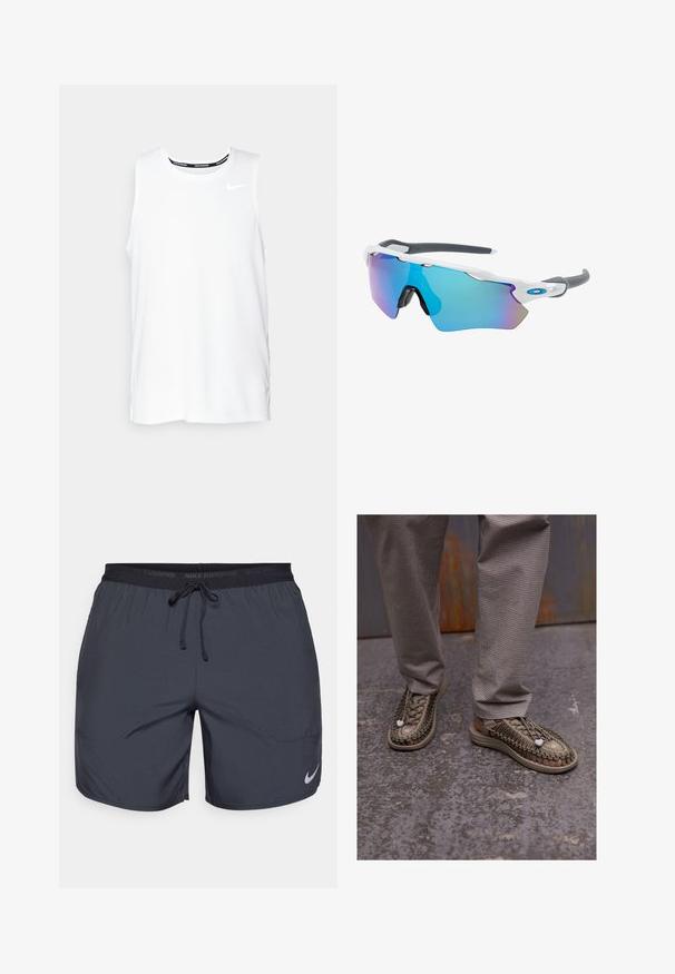 Weißes ärmelloses Nike-Lauftop mit Rundhalsausschnitt, glatter Textur und schwarzem Nike-Logo auf der oberen linken Brust.; Dunkelgraue Nike Laufshorts mit einem elastischen Bund und einem Zugband sowie einem silbernen Logo-Akzent am unteren rechten Bein.; Beige gewebte Sandalen mit dicken Sohlen, die ein kompliziertes Spitzenmuster und weiße Akzentdetails aufweisen, kombiniert mit grauen karierten Hosen.; Sonnenbrille mit einem weißen Rahmen, grauen Akzenten und blauen Spiegellinsen. Sportliches Design, umschließende Form und verstellbare Nasenpads.