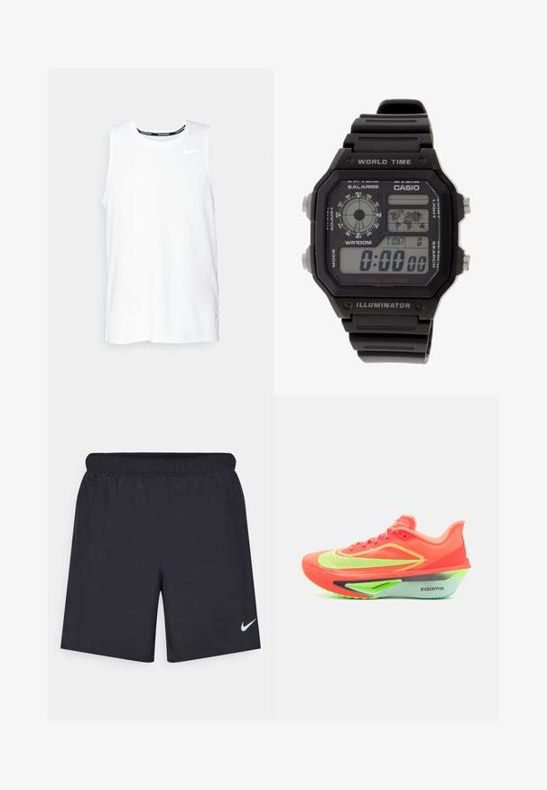 Witte mouwloze Nike hardlooptop met een ronde hals, een gladde textuur en een zwart Nike-logo op de bovenste linkerborst.; Zwarte sportshorts gemaakt van lichtgewicht materiaal met een elastische tailleband. Voorzien van een klein wit Nike-logo aan de onderzijde aan de linkerkant.; Hardloopschoen met een feloranje bovenkant, neon groene accenten, gestroomlijnd ontwerp en een opvallende grijs-groene zool, gemarkeerd met "ZOOMX."; Digitale polshorloge met een zwarte rubberen band, rechthoekige kast en lens. Weergave van tijd, wereldtijdkaart, en knoppen voor alarm en licht.
