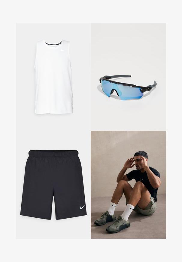 Baltā bezpiedurkņu Nike skriešanas krekla ar apaļu dekoltē, gludu tekstūru un melnu Nike logotipu kreisajā augšējā krūtī.; Melnas sporta šorti, izgatavoti no viegla materiāla, ar elastīgu jostu. Uz apakšējā kreisā stūra ir neliels balts Nike logo.; Vieglie sporta apavi olīvzaļā krāsā ar strukturētu acs augšdaļu, melniem akcentiem un redzamām šņorēm. Valkāti ar baltām zeķēm un šortiem.; Sporta saulesbrilles ar melnu rāmi, lieliem zilas krāsas objektīviem un izturīgu dizainu. Tām ir uzlabota apņemšanas aizsardzība.