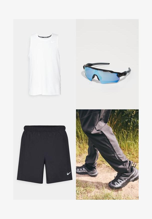 Weißes ärmelloses Nike-Lauftop mit Rundhalsausschnitt, glatter Textur und schwarzem Nike-Logo auf der oberen linken Brust.; Schwarze sportliche Shorts aus leichtem Material mit einem elastischen Bund. Auf der unteren linken Seite befindet sich ein kleines weißes Nike-Logo.; Schwarze wasserdichte Hose mit entspanntem Schnitt, ausgestattet mit einer kleinen Seitentasche. Kombiniert mit robusten Wanderstiefeln in Schwarz und Grau mit Muster.; Sportsonnenbrille mit einem schwarzen Rahmen, großen blau getönten Gläsern und einem robusten Design. Sie bieten einen verbesserten Rundumschutz.