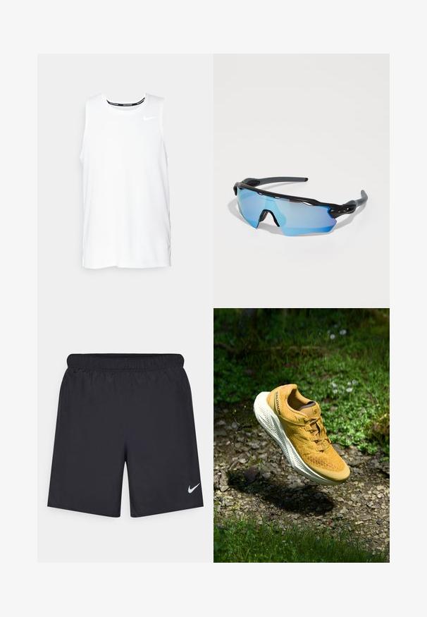 Balta be rankovių Nike bėgimo marškinėliai su apvaliu kaklu, lygiu paviršiumi ir juodu Nike logotipu viršutinėje kairėje krūtinės pusėje.; Juodos sportinės šortai, pagaminti iš lengvos medžiagos, su elastingu juosmeniu. Ant apatinės kairės pusės yra mažas baltas Nike logotipas.; Geltonas "Salomon" bėgimo batas kabo virš akmeningo tako, apsupto žalios žolės ir mažų lauko gėlių natūralioje šviesoje.; Sportiniai akiniai nuo saulės su juodu rėmu, dideliais mėlynai tonuotais lęšiais ir tvirtu dizainu. Jie turi patobulintą apglėbimo aprėptį.