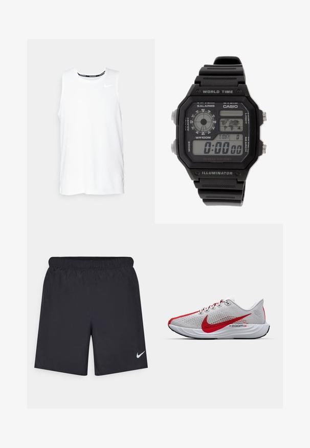 Hvit ermeløs Nike løpetopp med rund hals, glatt tekstur, og svart Nike-logo på øvre venstre bryst.; Svart sportskjørt laget av lett materiale med elastisk linning. Har en liten hvit Nike-logo nederst til venstre.; Nike ZoomX løpesko har en grå mesh-overdel med røde accenter, en stilren design og en polstret hvit mellomsåle, som er designet for ytelse.; Digital klokke med svart gummirem, rektangulært hus og linse. Viser tid, verdenskart for tidssoner, og knapper for alarm og lys.