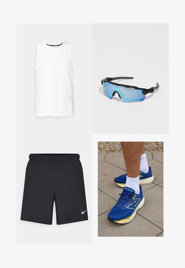 Camiseta sin mangas blanca de Nike para correr, con cuello redondo, textura suave y logo negro de Nike en la parte superior izquierda del pecho.; Pantalones cortos deportivos negros hechos de un material ligero con una cintura elástica. Presenta un pequeño logo blanco de Nike en la parte inferior izquierda.; Zapatillas deportivas azules con parte superior de malla, cuentan con acentos reflectantes, cordones blancos y una suela acolchada en varios colores. Se llevan con calcetines blancos.; Gafas de sol deportivas con un marco negro, grandes lentes tintados de azul y un diseño robusto. Cuentan con una cobertura envolvente mejorada.
