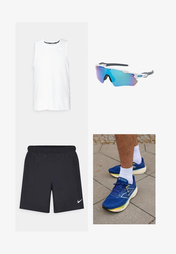 Biele bezrukávové bežecké tričko Nike s okrúhlym výstrihom, hladkým povrchom a čiernym logom Nike na hornej ľavej strane hrudníka.; Čierne atletické šortky z ľahkého materiálu s elastickým pásom. Na dolnej ľavej strane majú malé biele logo Nike.; Modré športové topánky s sieťovinovým zvrškom, obsahujúce reflexné akcenty, biele šnúrky a odpruženú podrážku v rôznych farbách. Nosené s bielymi ponožkami.; Slnečné okuliare s bielym rámom, so sivými akcentmi a modrými zrkadlovými sklami. Športový dizajn, okrúhly tvar a nastaviteľné nosové podložky.