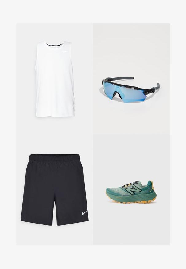 Top da corsa Nike senza maniche di colore bianco, con scollo rotondo, texture liscia e logo Nike nero sulla parte superiore sinistra del petto.; Shorts sportivi neri realizzati in materiale leggero con vita elastica. Presentano un piccolo logo Nike bianco sul lato sinistro in basso.; Scarpa da trail running verde con tomaia in mesh, lacci neri e suola gialla spessa. Presenta il marchio "Fresh Foam" e "Vibram".; Occhiali sportivi da sole con montatura nera, lenti ampie con tonalità blu e un design robusto. Offrono una maggiore copertura avvolgente.