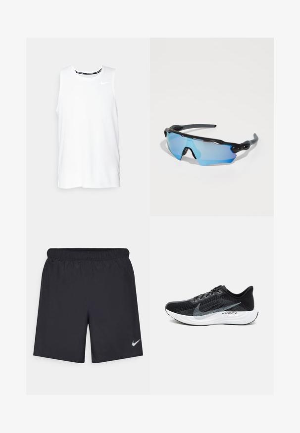 Haut de course Nike sans manches de couleur blanche avec un col rond, texture lisse et logo Nike noir sur le haut à gauche de la poitrine.; Shorts de sport noirs en matériau léger avec une taille élastique. Présente un petit logo Nike blanc sur le bas du côté gauche.; Chaussure de sport noire avec une tige en mesh respirant, des accents gris, une semelle blanche rembourrée et un design élégant et épuré.; Lunettes de sport avec une monture noire, de grandes lentilles teintées en bleu et un design robuste. Elles offrent une protection enveloppante améliorée.
