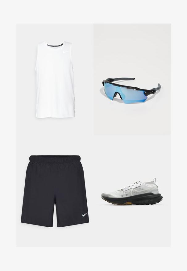 Top de alergare Nike fără mâneci, de culoare albă, cu guler rotund, textură fină și logo-ul Nike de culoare neagră pe partea stângă a pieptului.; Pantaloni scurți atletici negri, fabricați dintr-un material ușor, cu un talie elastică. Au un mic logo alb Nike în partea stângă jos.; Pantofii de alergare albi, cu un superior din plasă respirabilă, talpă din cauciuc negru, amortizare vizibilă și un accent galben "Vibram" pe talpa intermediară.; Ochelari de soare pentru sport cu un cadru negru, lentile mari de un albastru tentat și un design robust. Aceștia dispun de o acoperire îmbunătățită în formă de înfășurare.