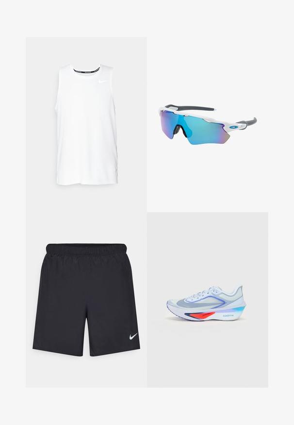 Bílý bezrukávový běžecký top Nike s kulatým výstřihem, hladkou texturou a černým logem Nike na levé horní části hrudníku.; Černé sportovní šortky vyrobené z lehkého materiálu s elastickým pasem. Na spodní levé straně mají malé bílé logo Nike.; Světlomodré běžecké tenisky s síťovinovým svrškem, bílé šňůrky, fialové akcenty a červený detail na mezipodešvi. Vyznačují se zakřivenou podešví a značkou "ZOOMX".; Sluneční brýle s bílým rámečkem, šedými akcenty a modrými zrcadlovými čočkami. Sportovní design, obepínající tvar a nastavitelné nosní podložky.