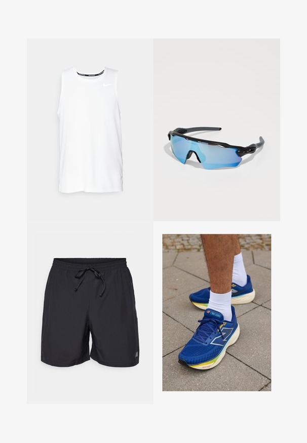T-shirt de corrida sem mangas da Nike, de cor branca, com gola redonda, textura suave e logotipo preto da Nike na parte superior esquerda do peito.; Calções pretos com cintura elástica e cordão ajustável, com um pequeno logo reflectivo na perna esquerda.; Tênis atléticos azuis com parte superior em malha, apresentam detalhes refletivos, atacadores brancos e uma sola acolchoada em várias cores. Utilizados com meias brancas.; Óculos de sol desportivos com uma armação preta, lentes grandes com tonalidade azul e um design robusto. Eles apresentam uma cobertura envolvente melhorada.