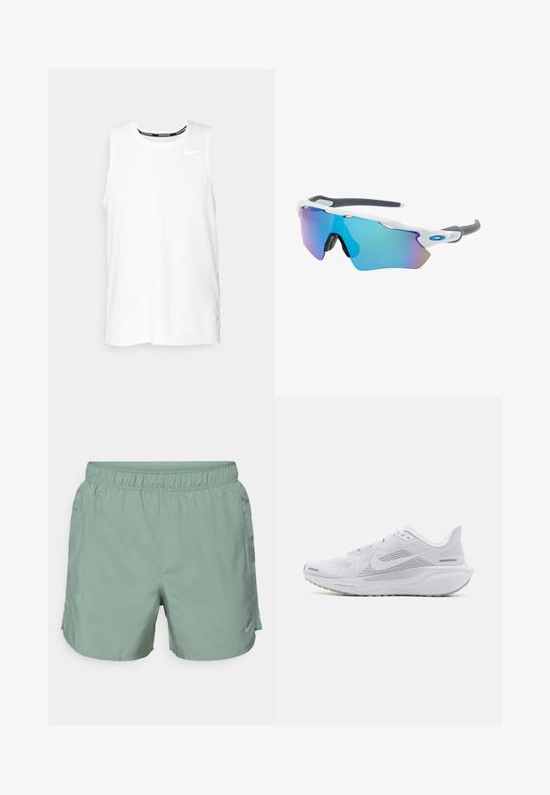 Biele bezrukávové bežecké tričko Nike s okrúhlym výstrihom, hladkým povrchom a čiernym logom Nike na hornej ľavej strane hrudníka.; Svetlozelené športové šortky vyrobené z hladkej tkaniny, s elastickým pásom a jemným logom na dolnej strane.; Biele športové topánky s sieťovaným zvrškom, hladkými textúrovanými prekrytiami, šedými akcentmi, šnúrkami a odpruženou podrážkou navrhnutou pre výkon.; Slnečné okuliare s bielym rámom, so sivými akcentmi a modrými zrkadlovými sklami. Športový dizajn, okrúhly tvar a nastaviteľné nosové podložky.