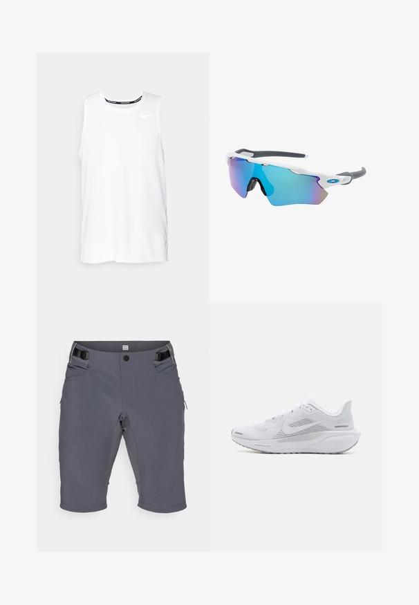 Valkoinen ilmanhiha Nike-juoksupaita, jossa on pyöreä kaula-aukko, sileä pinta ja musta Nike-logo vasemmassa ylä rinnassa.; Harmaat shorts, jotka on valmistettu joustavasta kankaasta, joissa on napitus, säädettävä vyötärö ja useita sivutaskuja. Sileä pinta, polvenpituinen leikkaus.; Valkoinen urheilukenkä, jossa on verkkomateriaali yläosa, sileät tekstuuriset päällysteet, harmaat yksityiskohdat, nauhat ja pehmustettu pohja, joka on suunniteltu suorituskykyä varten.; Aurinkolasit valkoisella muodolla, harmailla yksityiskohdilla ja sinisillä peilipinnoilla. Urheilullinen muotoilu, ympäröivä malli ja säädettävät nenätyynyt.