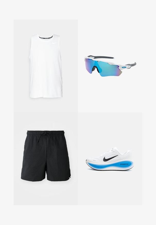 Valkoinen ilmanhiha Nike-juoksupaita, jossa on pyöreä kaula-aukko, sileä pinta ja musta Nike-logo vasemmassa ylä rinnassa.; Mustat uimashortsit, joissa on karkea kuvio, joustava vyötärö ja säädettävä nauha. Varustettu sivutaskuilla ja rento istuvuus.; Valkoinen urheilukenkä, jossa on teksturoitu päällinen, musta Nike-logo ja sininen ZoomX-välikerros. S siinä on pyöristetty kärki ja kuviollinen pohja.; Aurinkolasit valkoisella muodolla, harmailla yksityiskohdilla ja sinisillä peilipinnoilla. Urheilullinen muotoilu, ympäröivä malli ja säädettävät nenätyynyt.